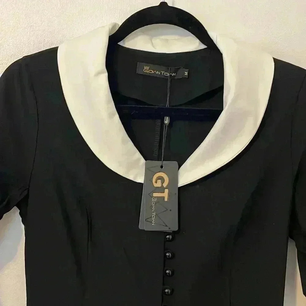 Gown Town Vintage Black Swing Dress with Collar M - Picture 2 of 6